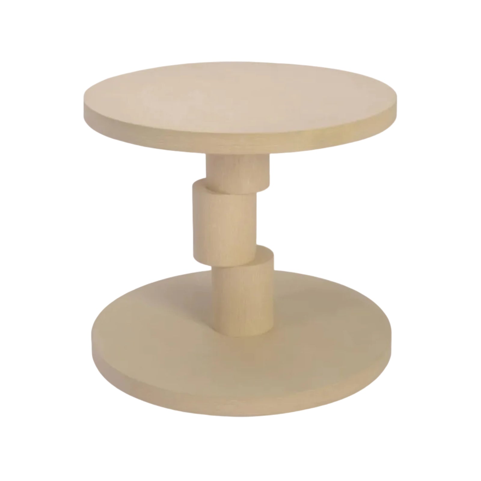 Round wooden table with a central cylindrical support on a white background