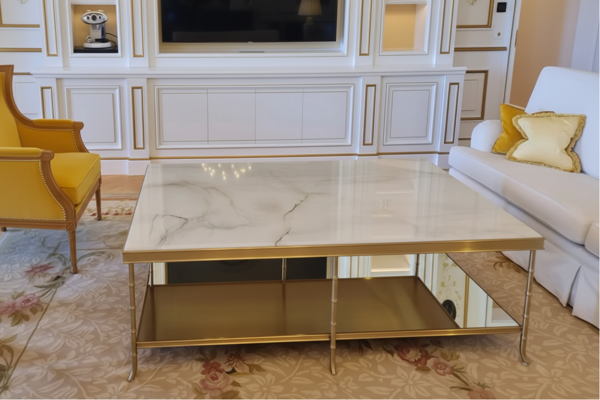 A modern rectangular coffee table with a white marble top and gold metal frame, set in a luxurious living room next to a white sofa with yellow pillows.
