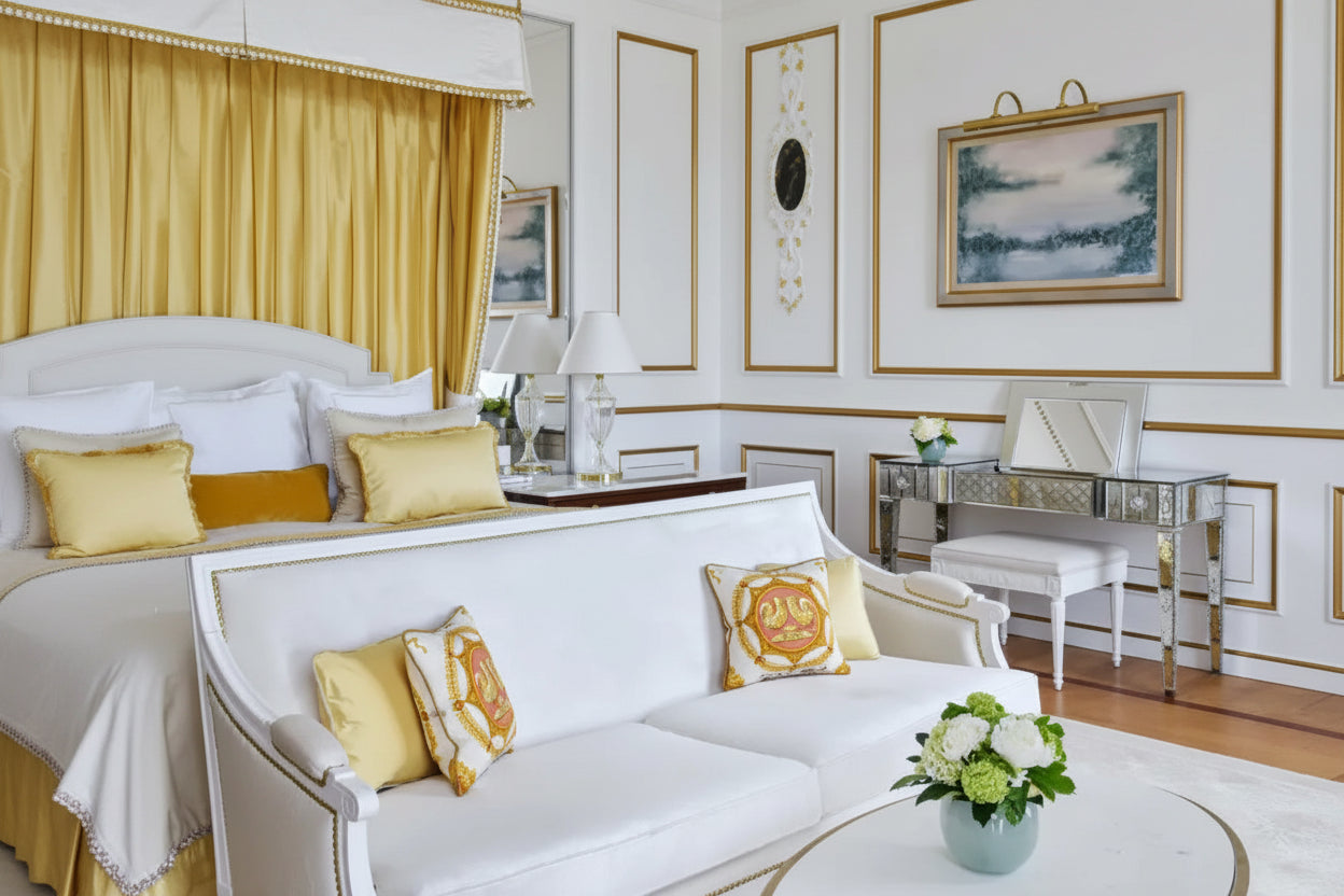 A luxurious bedroom and living area featuring a white bed with a gold canopy, a white sofa with yellow and gold patterned pillows, a mirrored vanity desk, and elegant gold-trimmed white walls.