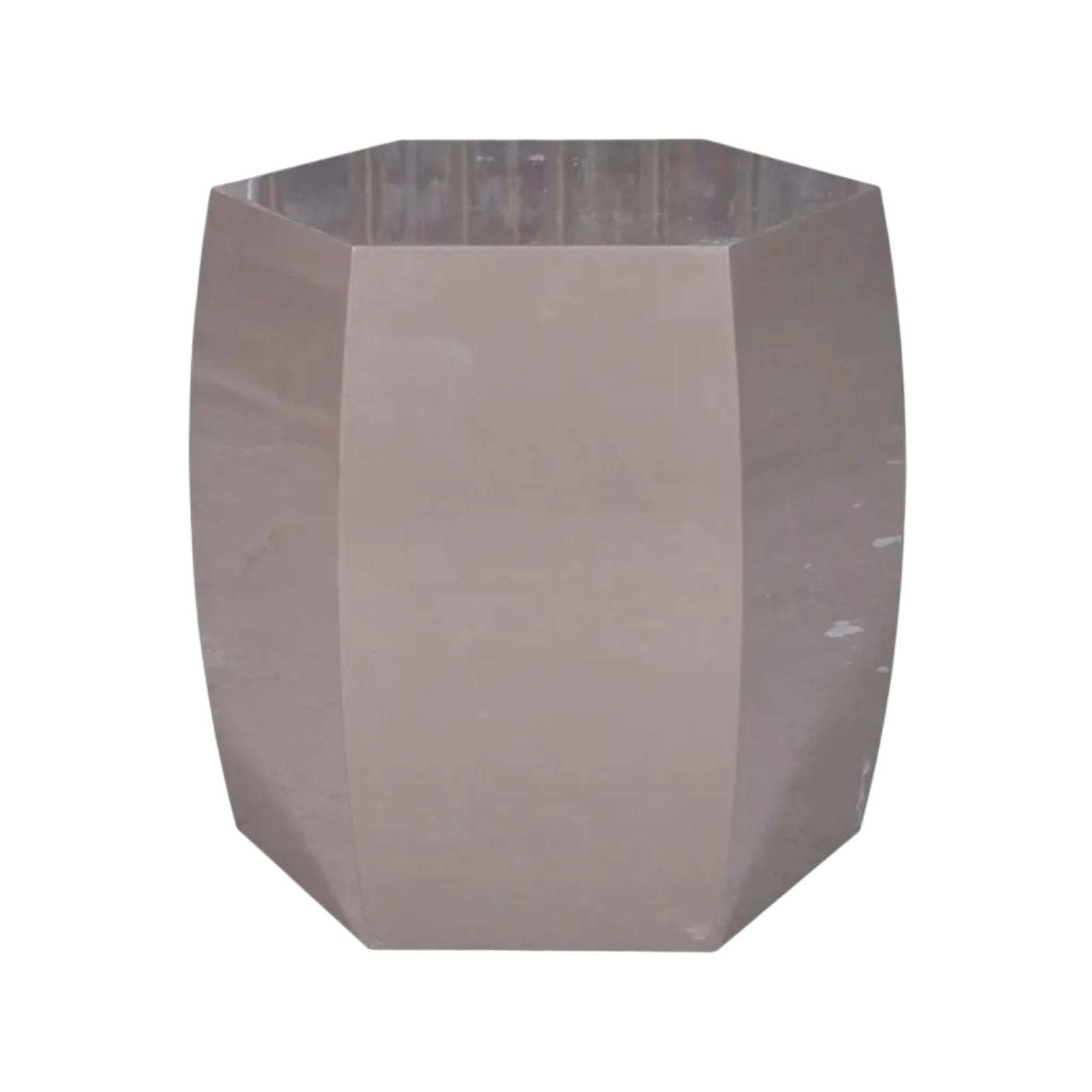 A hexagonal metallic silver stool or pedestal with a faceted geometric design, shown against a white background with a black border.