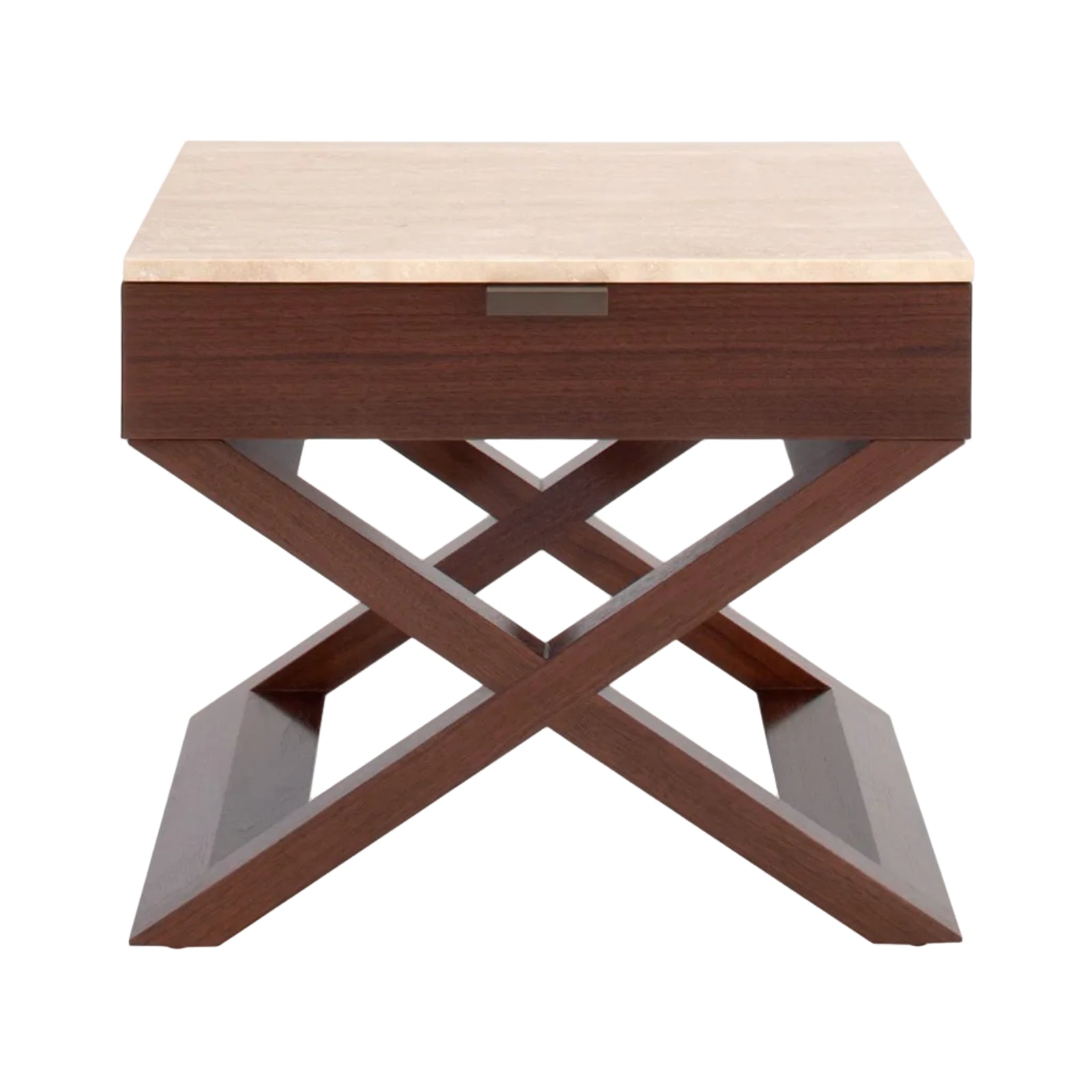 Wooden side table with a light wooden top and dark wood base on a white background