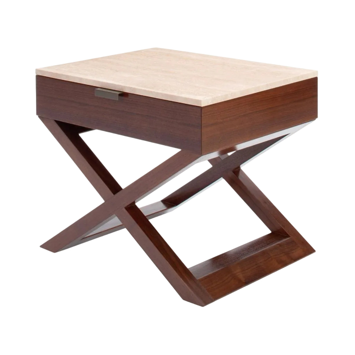 Wooden side table with a light wood top and dark wood base on a white background