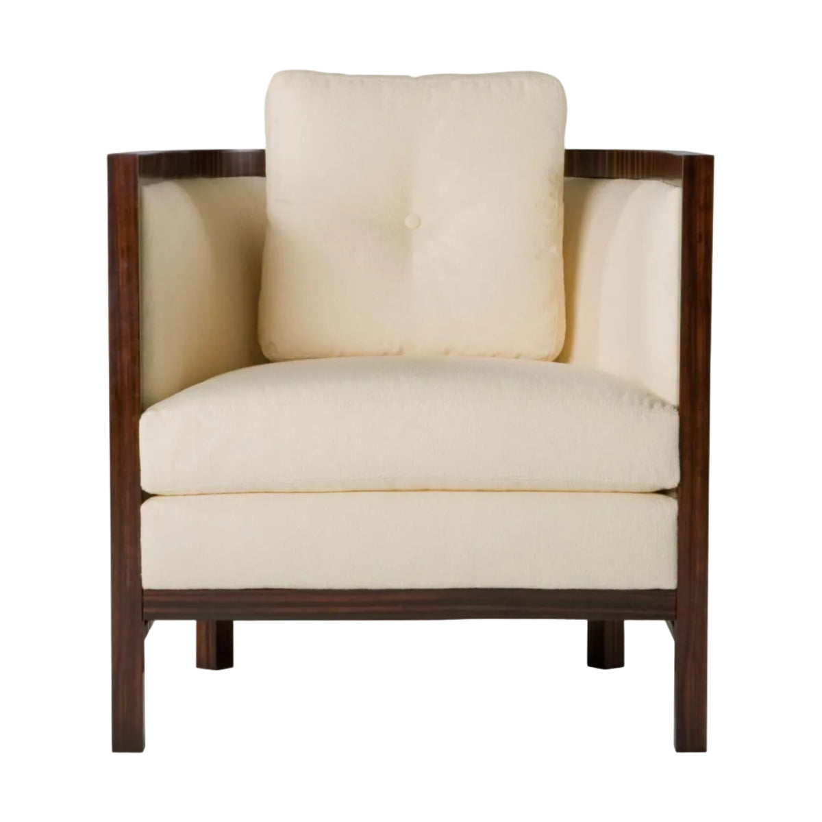 Beige armchair with wooden frame on a white background