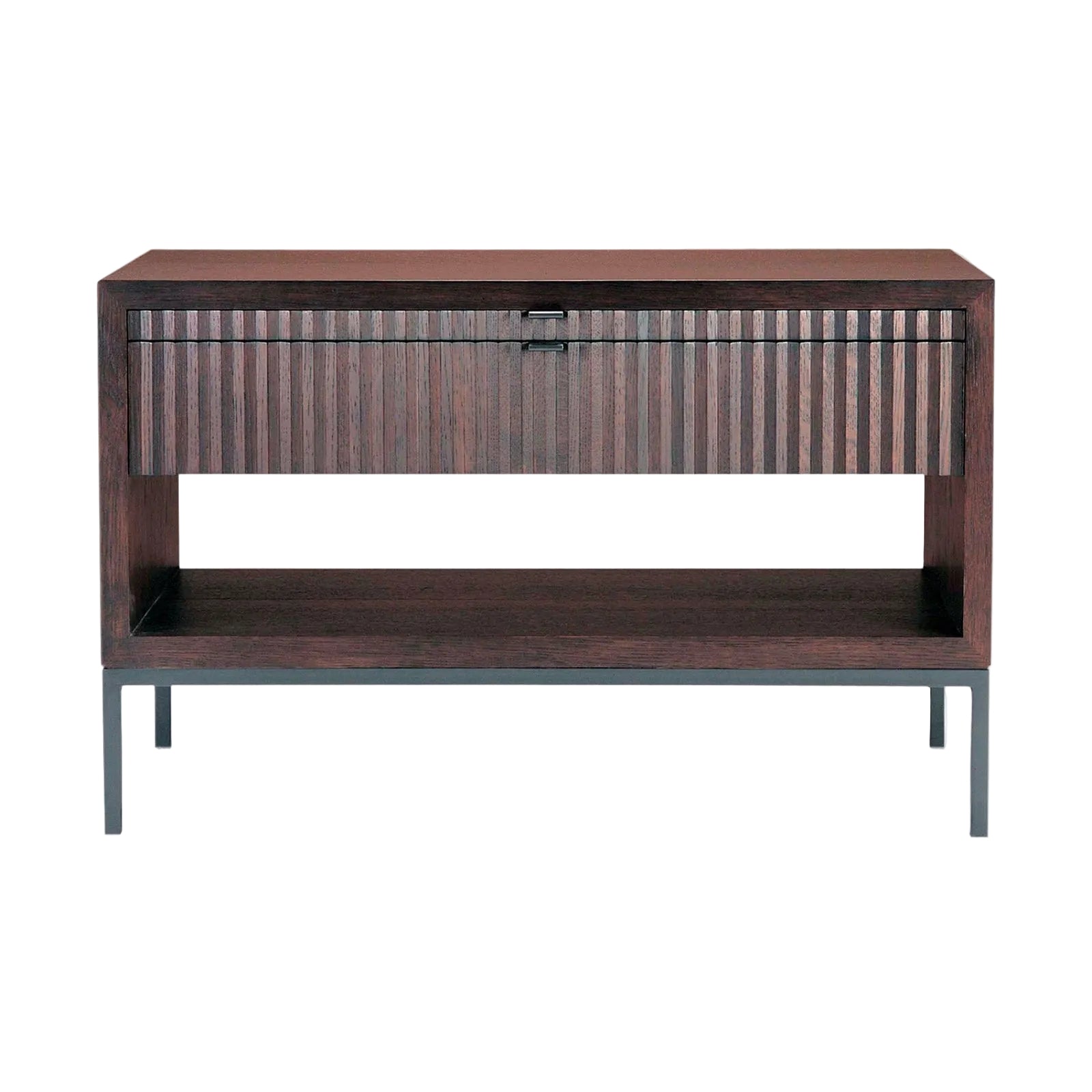 Wooden console table with striped drawer on a white background