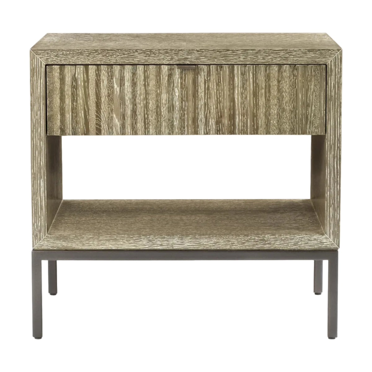 Wooden side table with a single drawer and open shelf on a white background