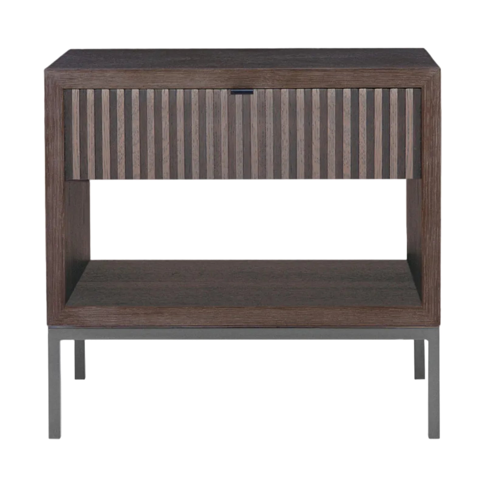 Wooden side table with a striped pattern on a white background