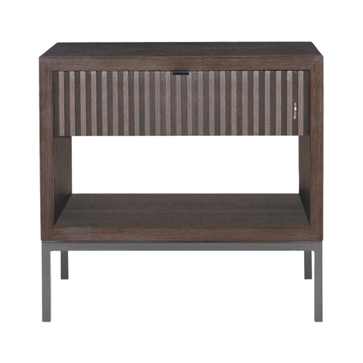 Wooden side table with a striped pattern on a white background
