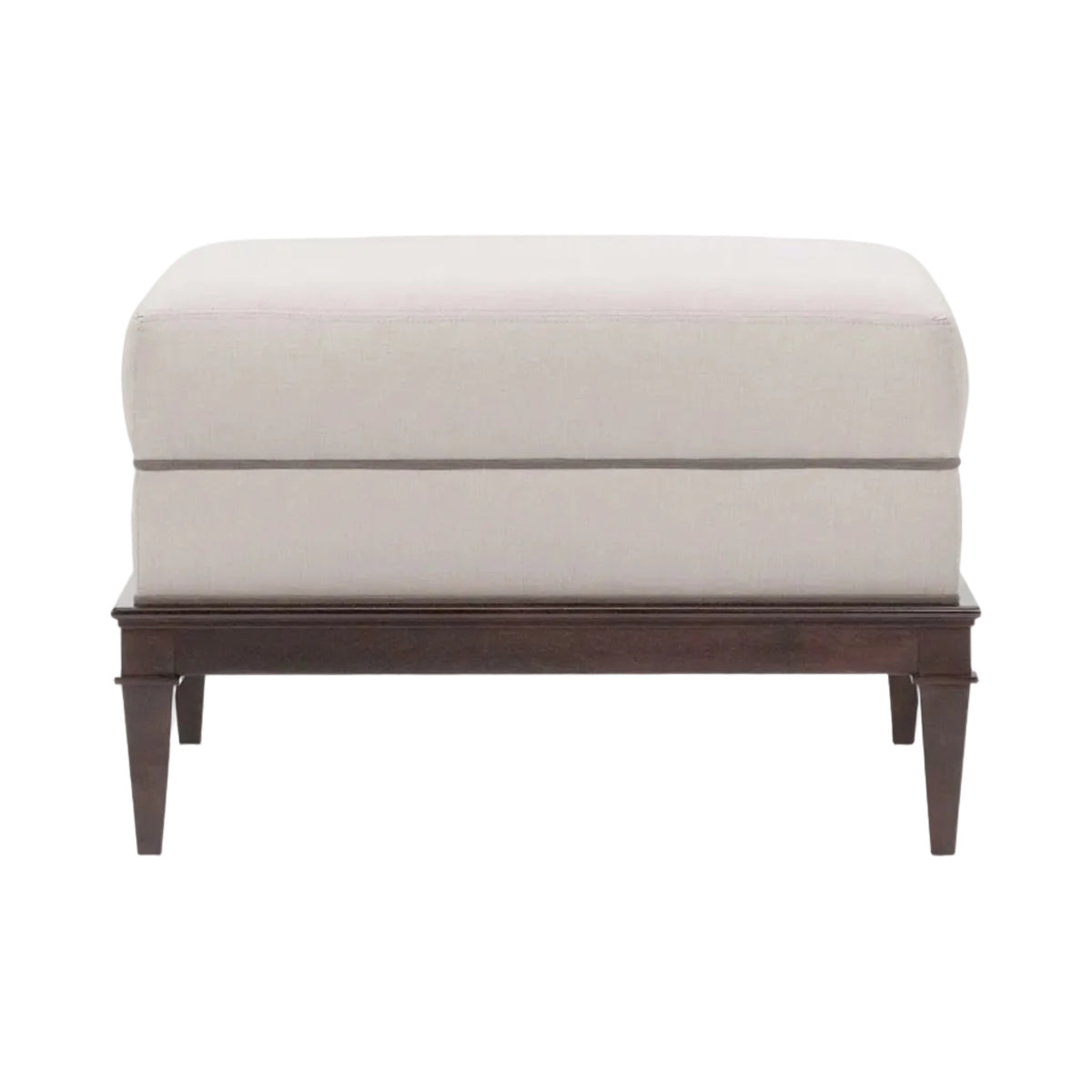 Beige ottoman with dark wooden legs on a white background