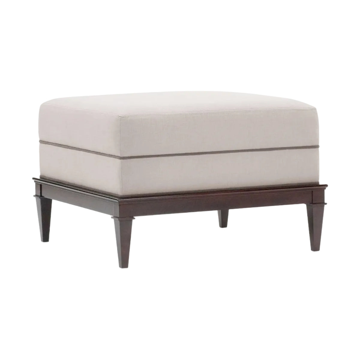 Beige ottoman with dark wood legs on a white background