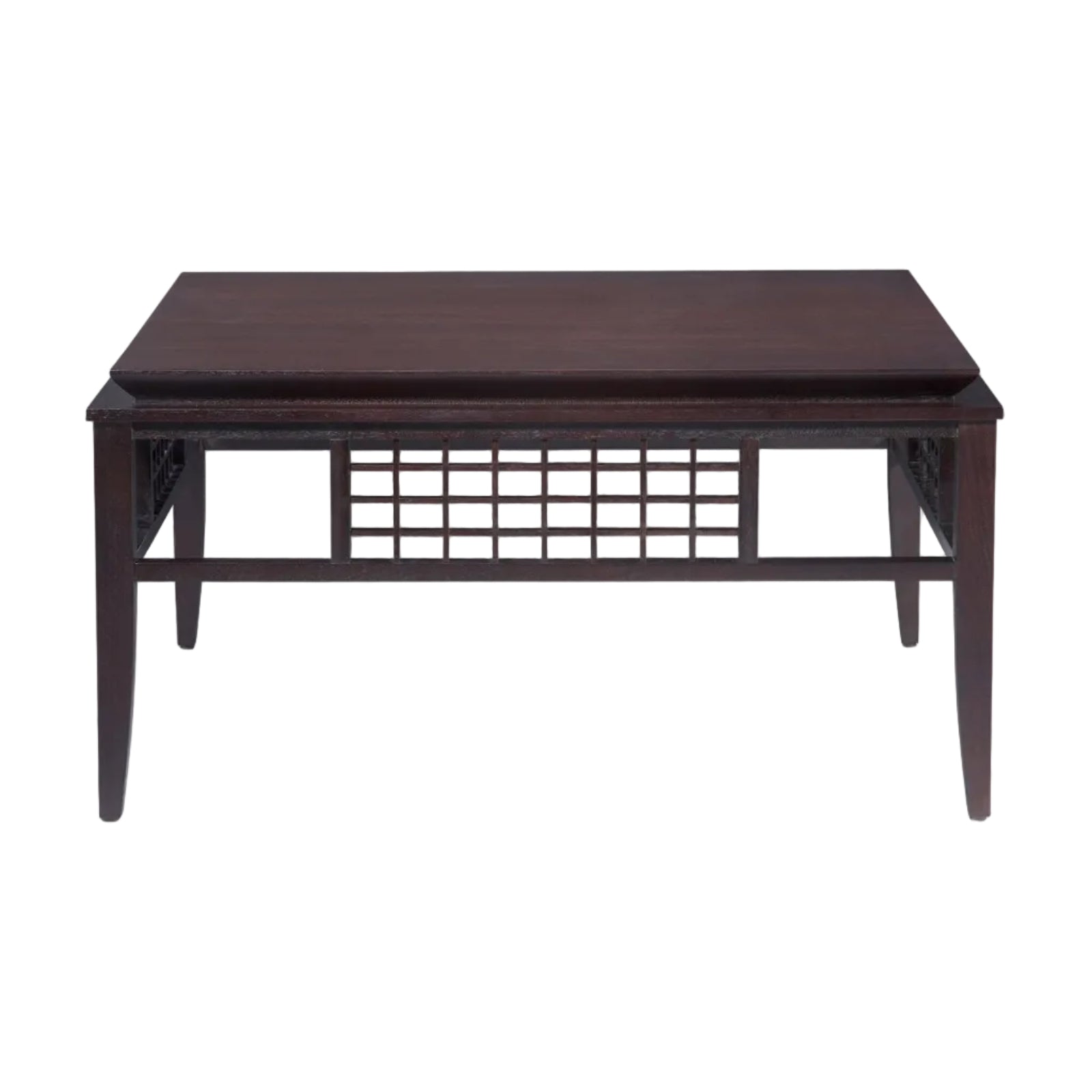 Dark wooden coffee table with a grid pattern on a white background