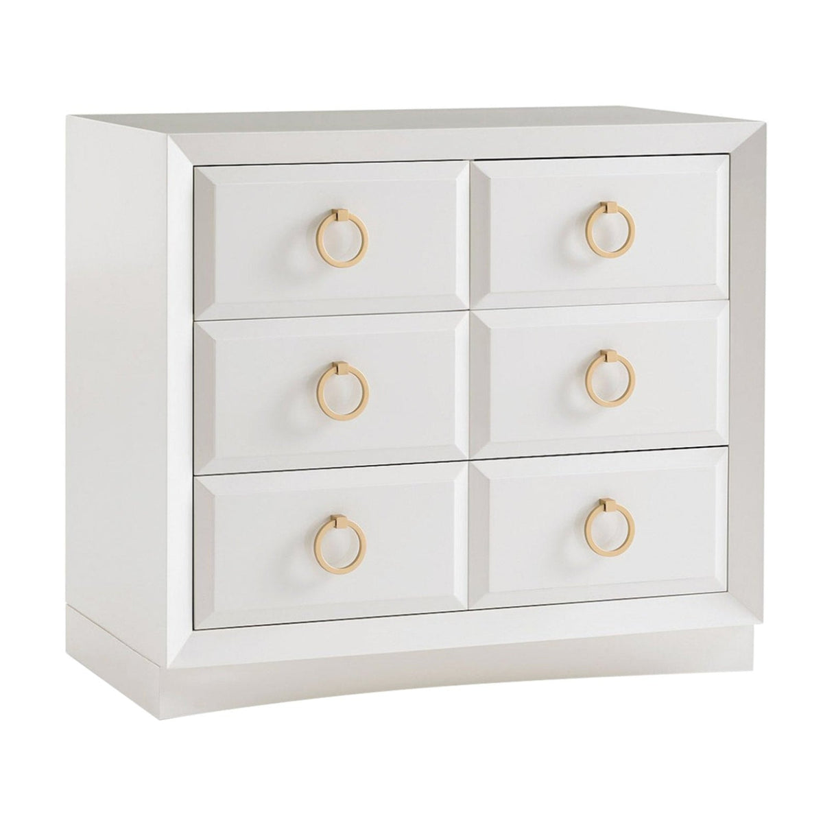 White dresser with gold ring handles on a white background