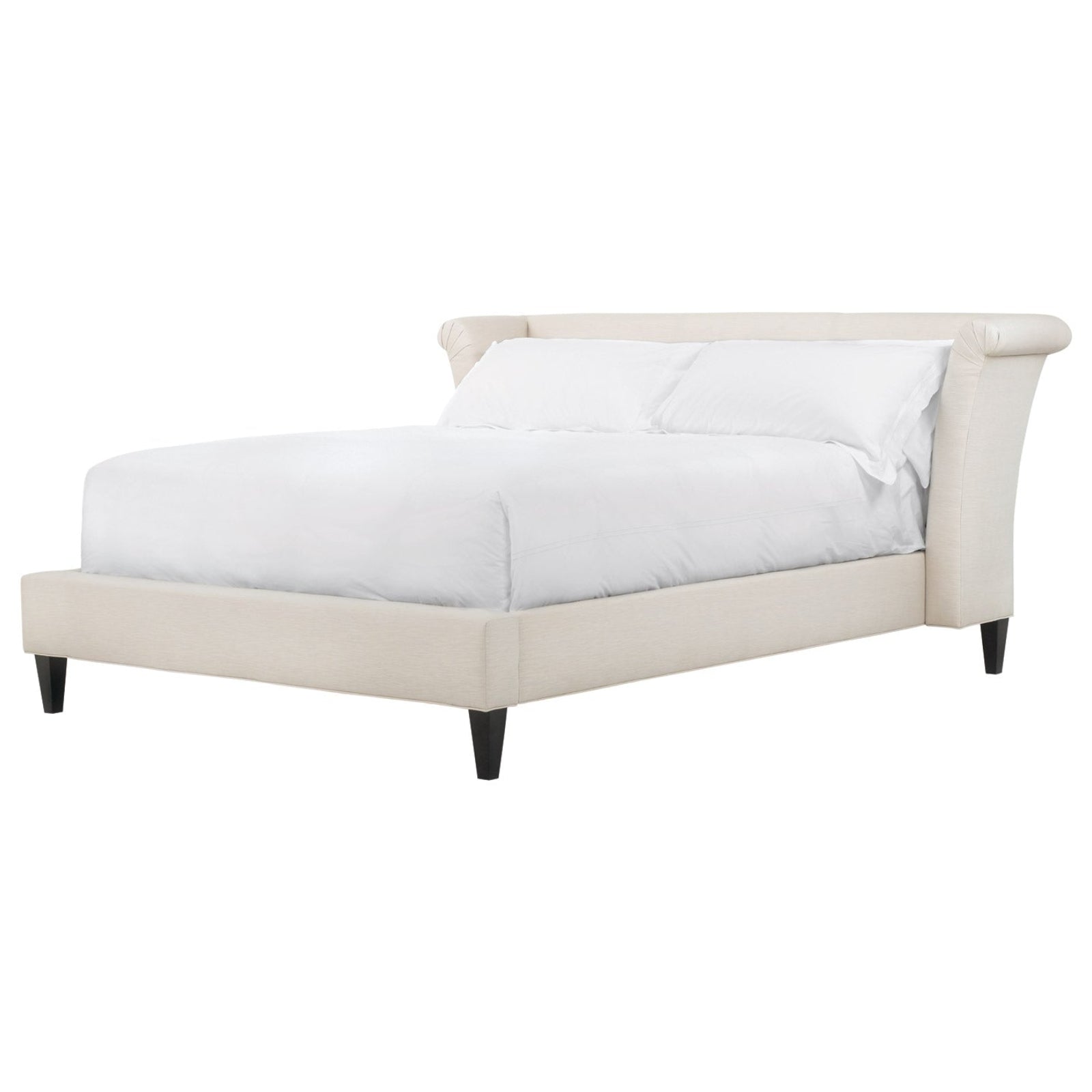 Beige bed with white bedding on a white background