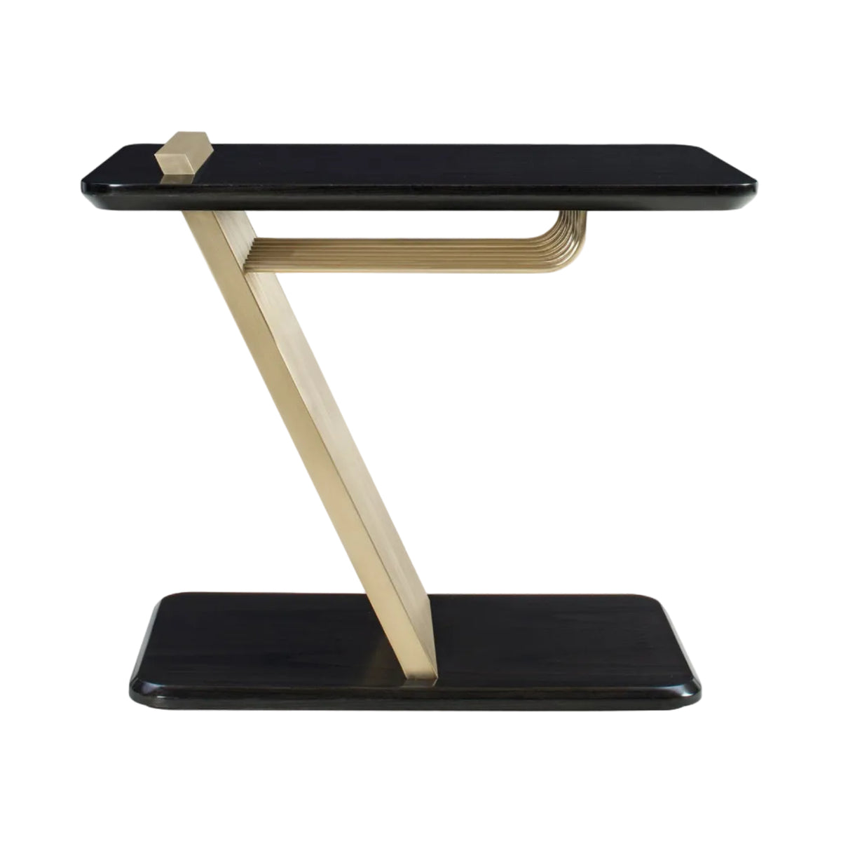 Modern side table with black top and gold base on a white background