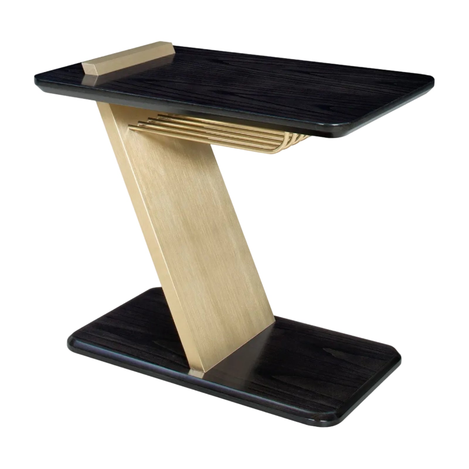 Modern side table with black top and gold base on a white background