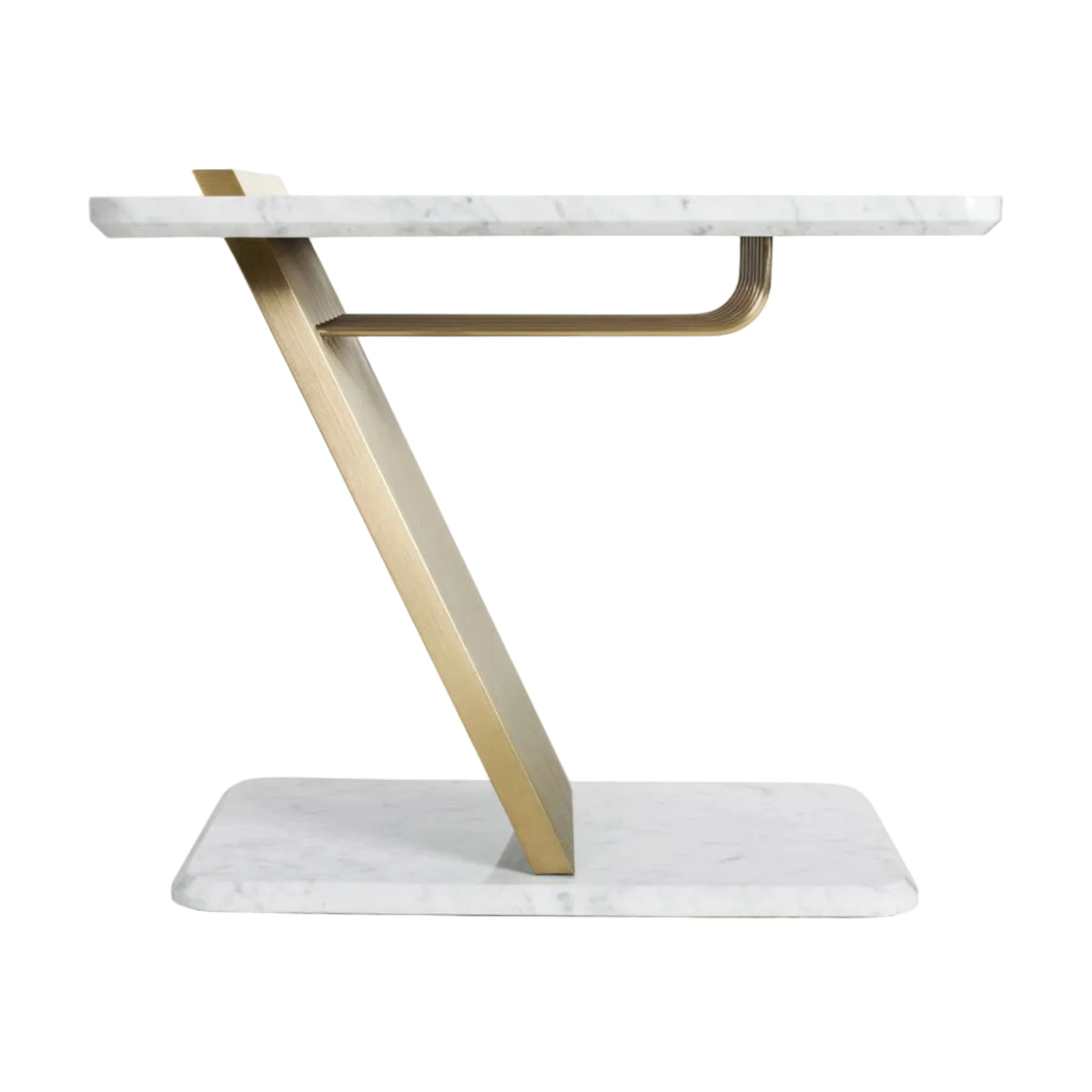 Console table with marble top and gold metal legs on a white background