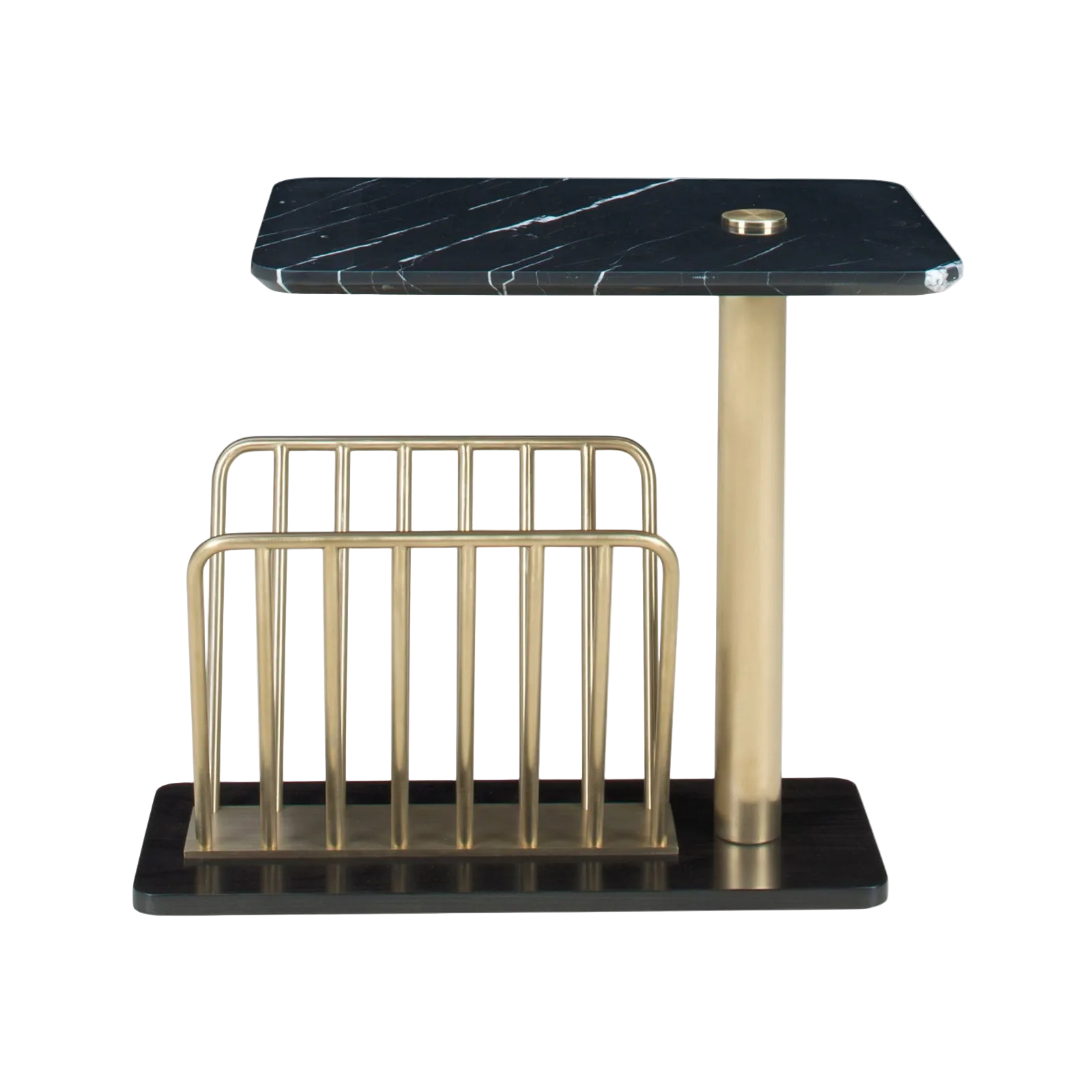 Side table with black marble top and gold metal base on a white background