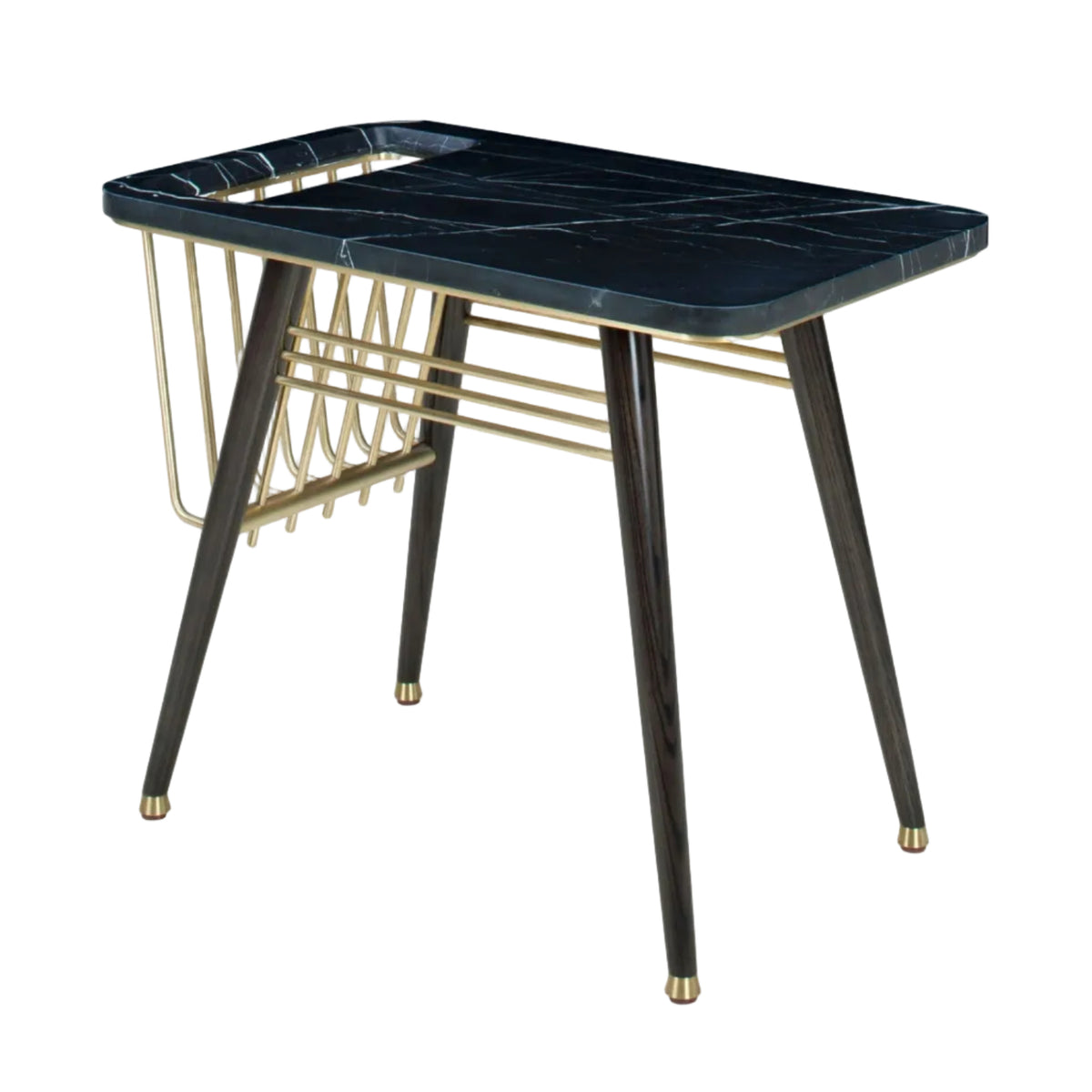 Modern coffee table with black marble top and gold metal legs on a white background