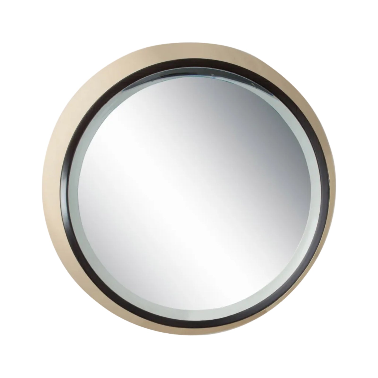 Round mirror with a beige frame on a white background