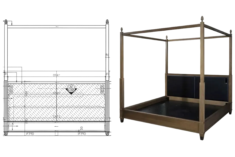 A four-poster canopy bed frame shown beside a technical side-view dimension drawing. The bed has a dark brown wood finish with a black upholstered headboard and black platform base.