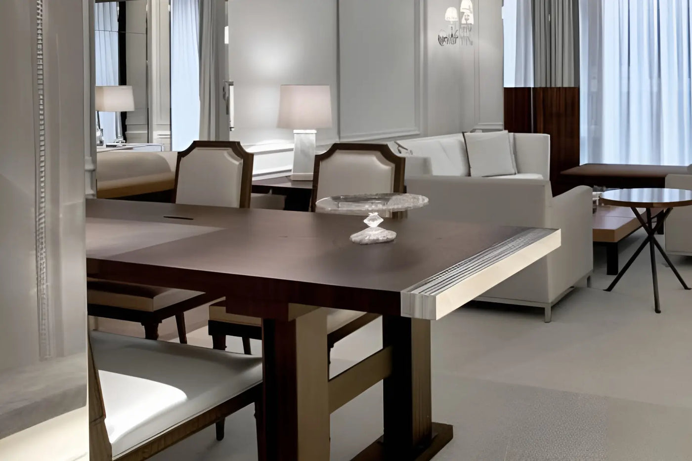 A modern dining table with a dark wood top and light wood legs, paired with upholstered chairs in a bright, contemporary living space.