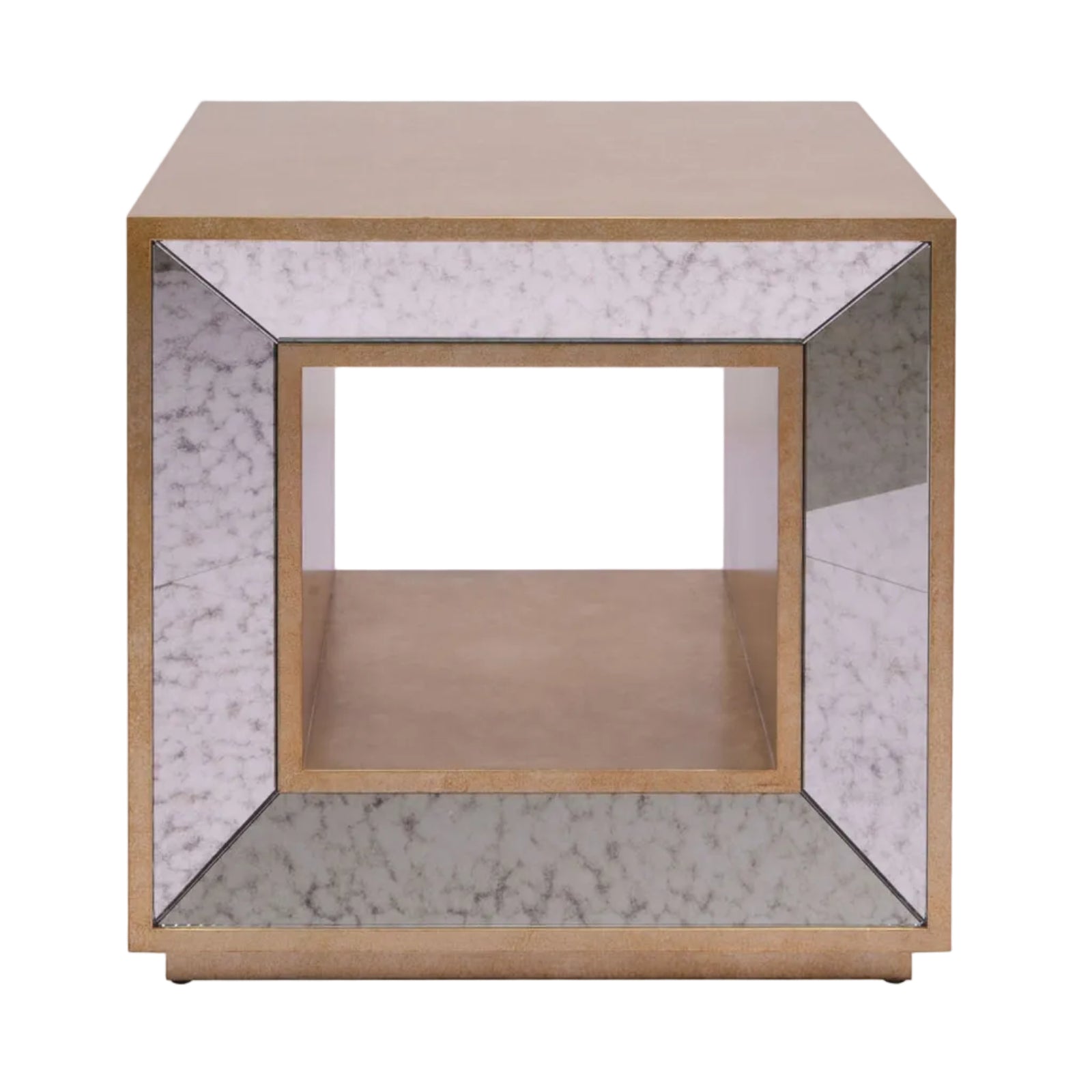 Square side table with marble-like finish and mirrored sides on a white background