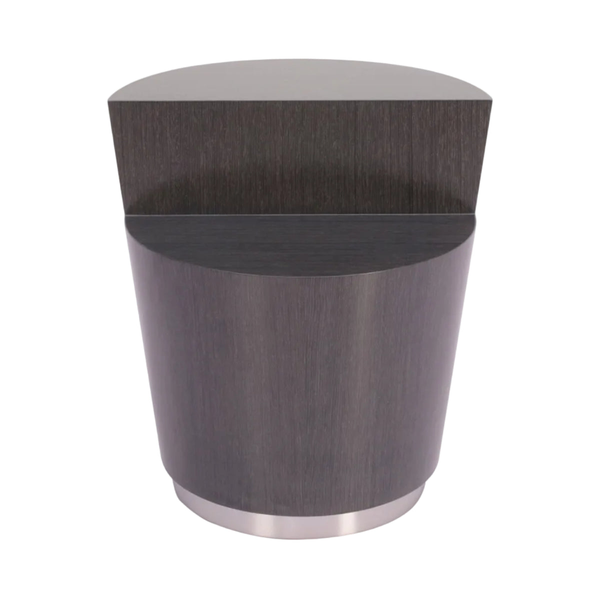 Wooden side table with a metallic base on a white background