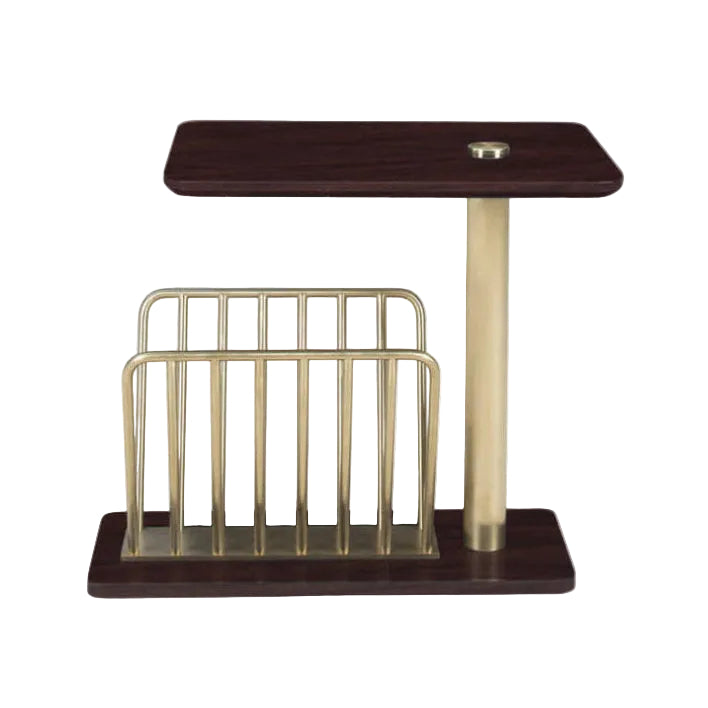 A modern side table with a dark brown wood-grain top and base, paired with a gold-finished metal pedestal leg and integrated magazine rack.