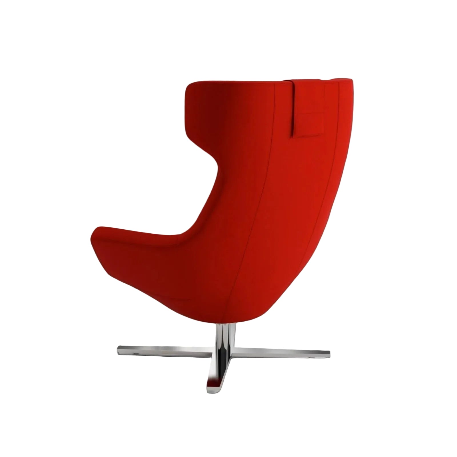 A modern high-back lounge chair upholstered in bright red fabric, featuring a curved shell design and a chrome metal cross base, shown against a clean white studio background.