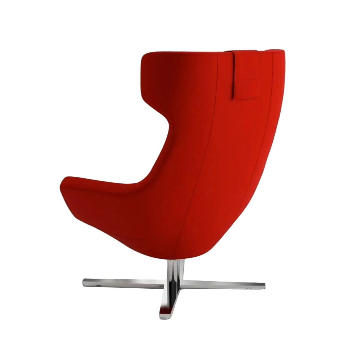 A modern high-back lounge chair upholstered in bright red fabric, featuring a curved shell design and a chrome metal cross base, shown against a clean white studio background.