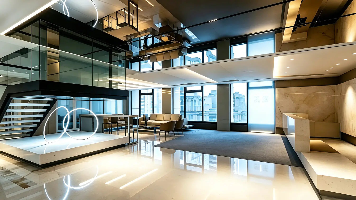 A modern multi-level office lobby with glass walls, a staircase, lounge seating, large windows, and polished floors reflecting warm lighting.