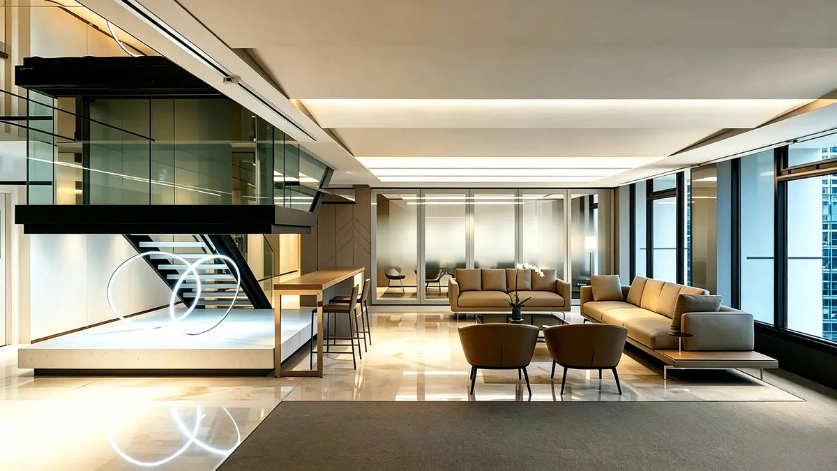 A modern, luxury open-plan living space featuring a staircase with a glass railing, a bar-height dining table with stools, a lounge area with beige sofas, and large floor-to-ceiling windows.