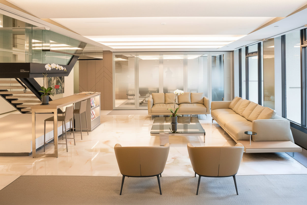 A modern luxury living room featuring a light beige sectional sofa, two matching armchairs, a glass-top coffee table, and a sleek bar counter with stools on a polished marble floor.