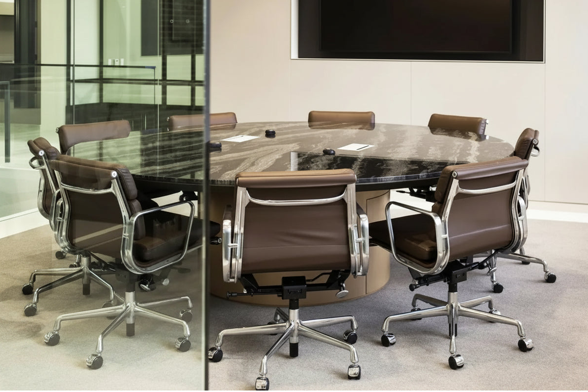 A modern conference room setup featuring a large oval dark wood table surrounded by brown leather office chairs with chrome bases, with a glass partition and wall-mounted screen visible.