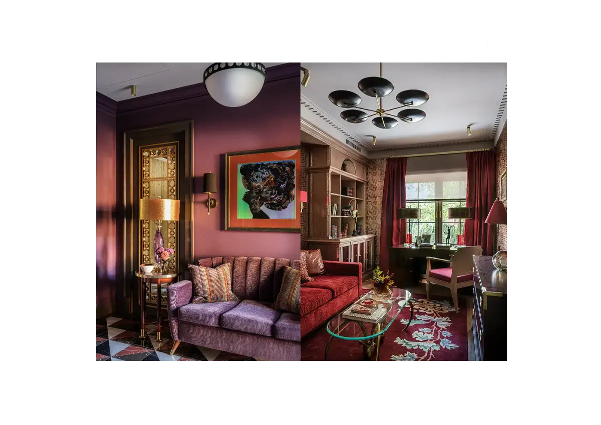 A split-screen interior design comparison showing two elegant living room styles: a dark purple and gold room on the left with a patterned geometric tile floor, and a warm red and brown room on the right with a red sofa and window.