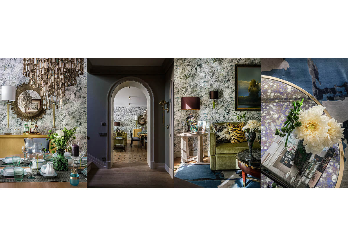 Collage of interior design elements including a mirror, table setting, and decorative items.