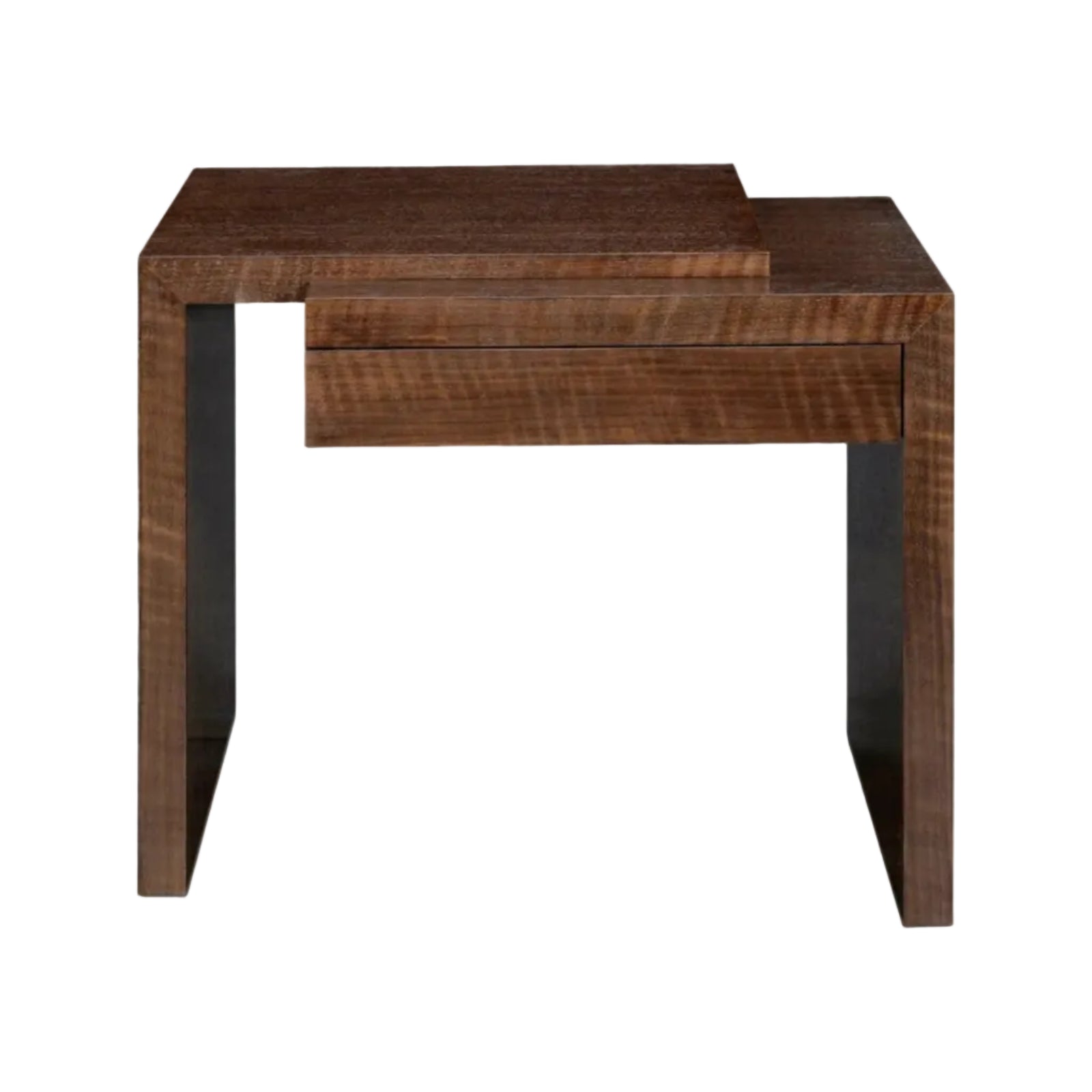 A modern dark brown wooden nesting side table with a textured grain finish, featuring a smaller outer table and a larger inner table with a single drawer, shown on a white background with a black border.