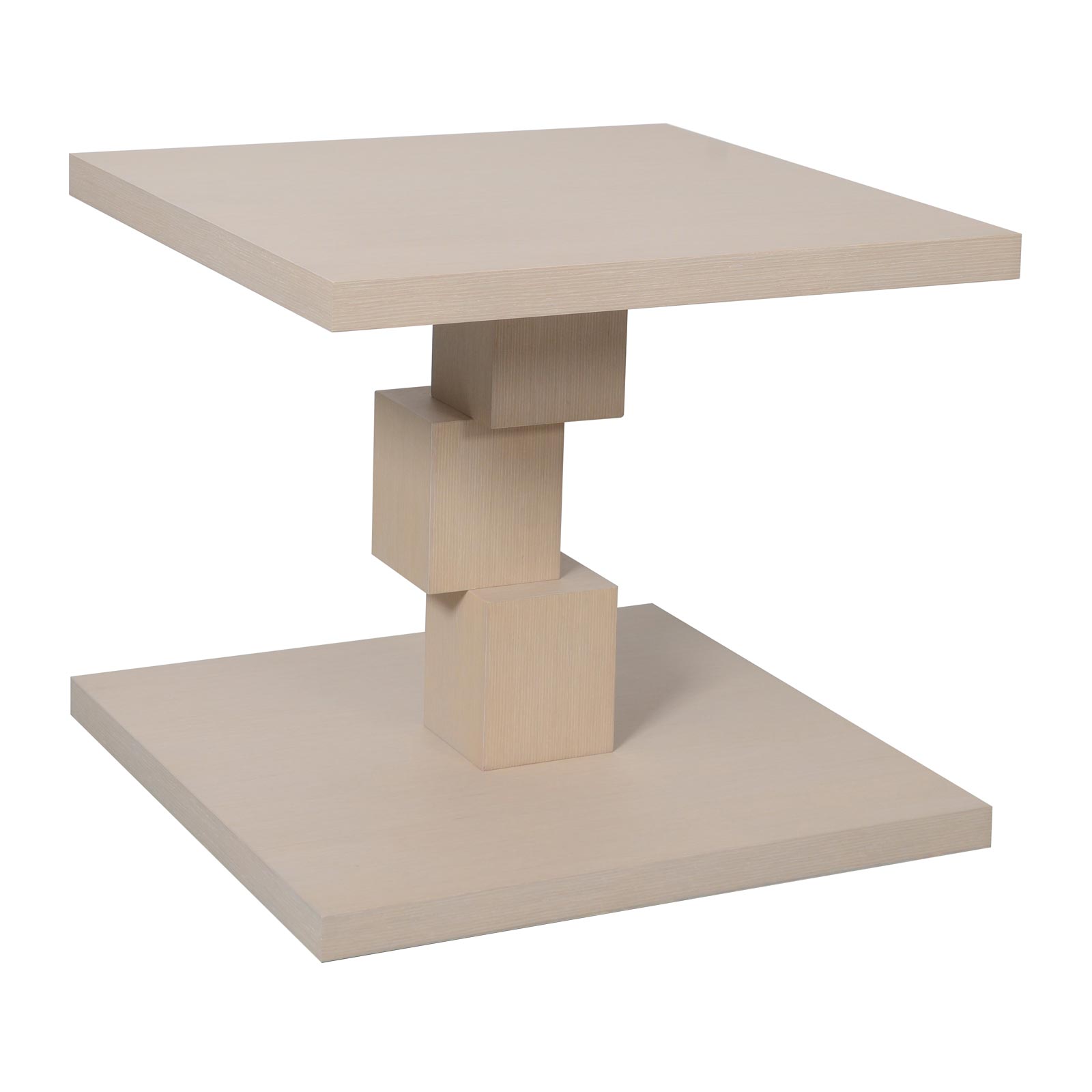 Beige side table with geometric design on a white background