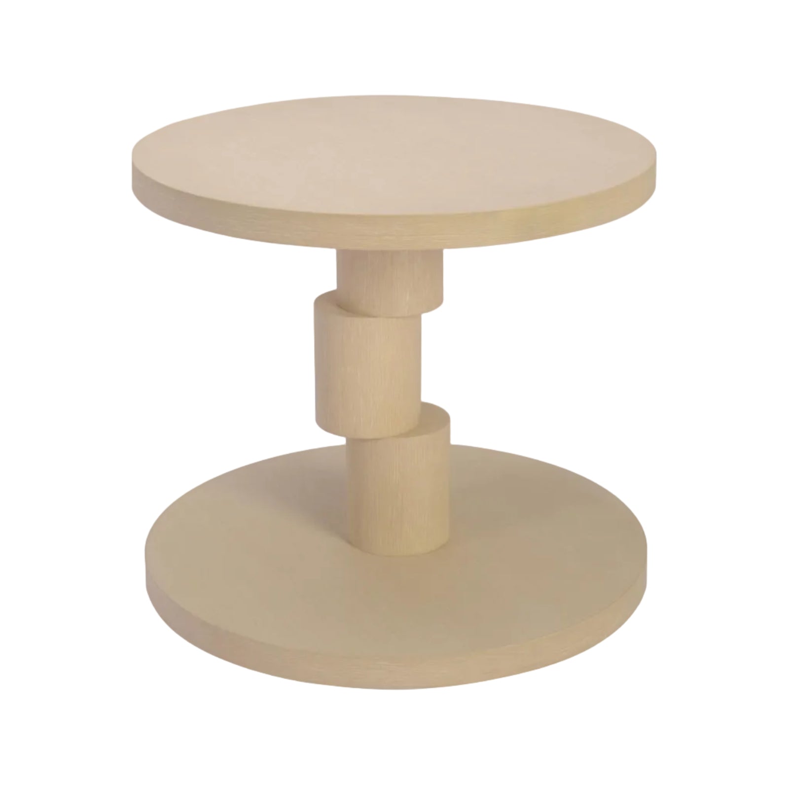 Round wooden table with a central cylindrical support on a white background