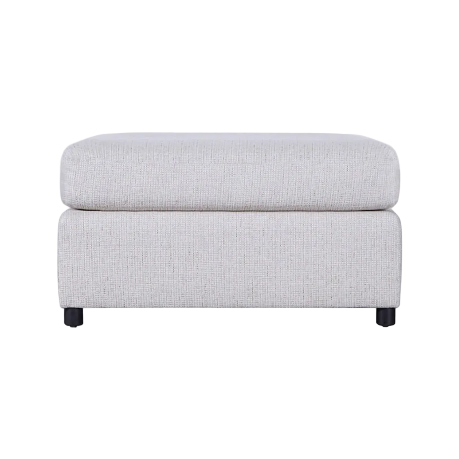 A light gray upholstered ottoman with a thick cushioned seat and backrest, supported by short black legs, shown against a plain white background.