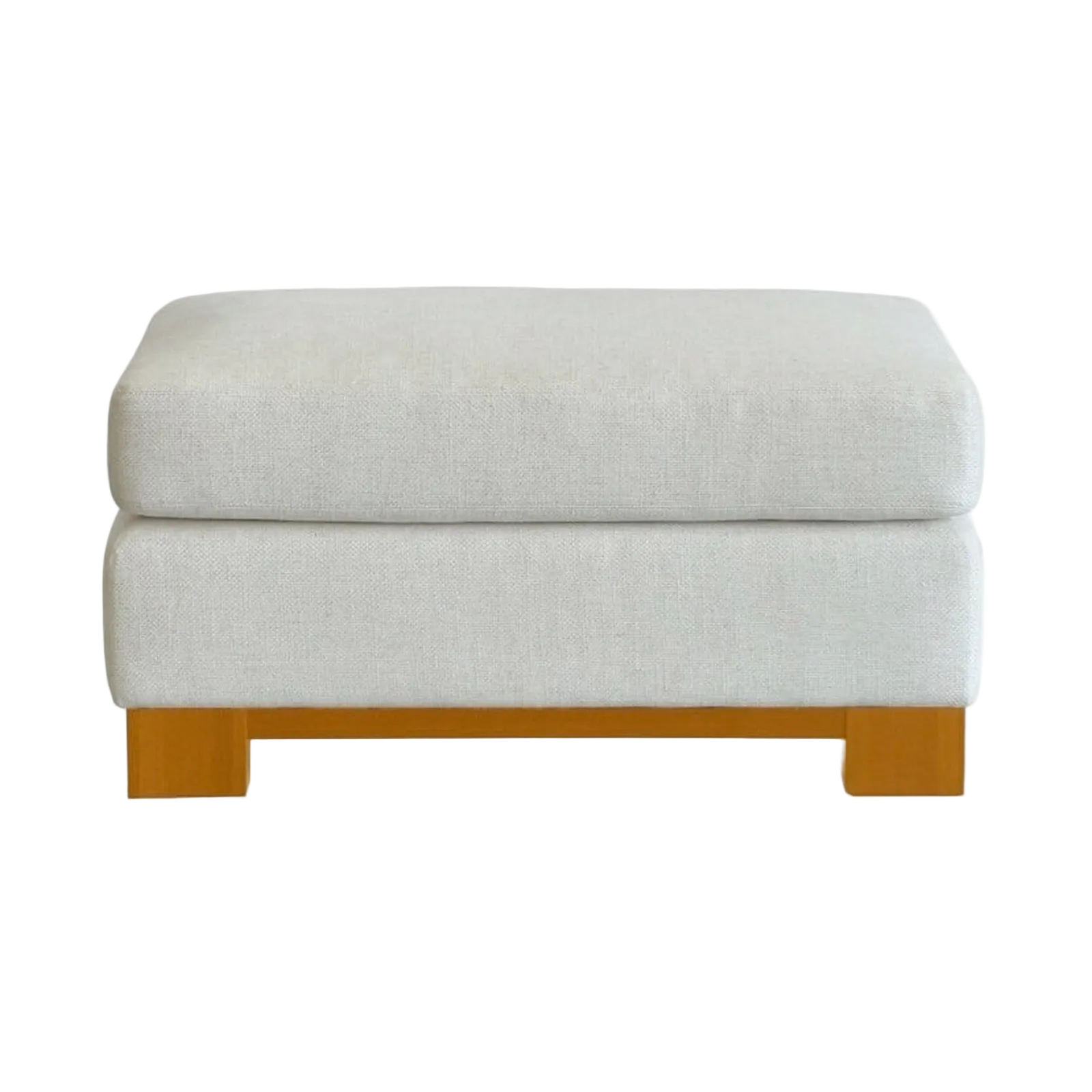 A modern square ottoman with a thick, cushioned top and a low wooden base, upholstered in a light beige textured fabric with a warm brown wood finish.
