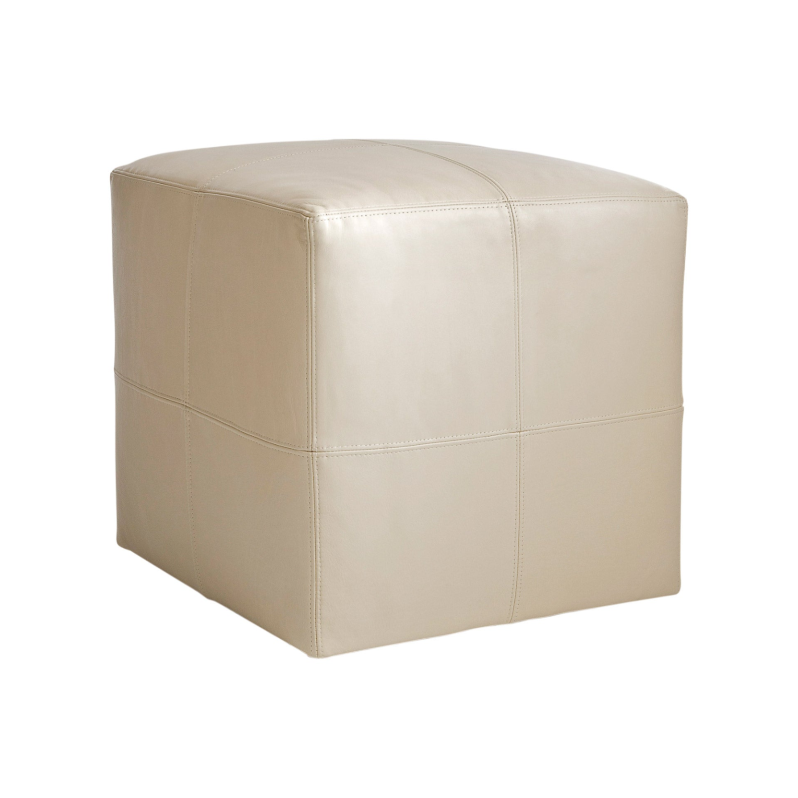 A square ottoman with a smooth, light beige faux leather finish, featuring stitched panel seams on a solid white background.