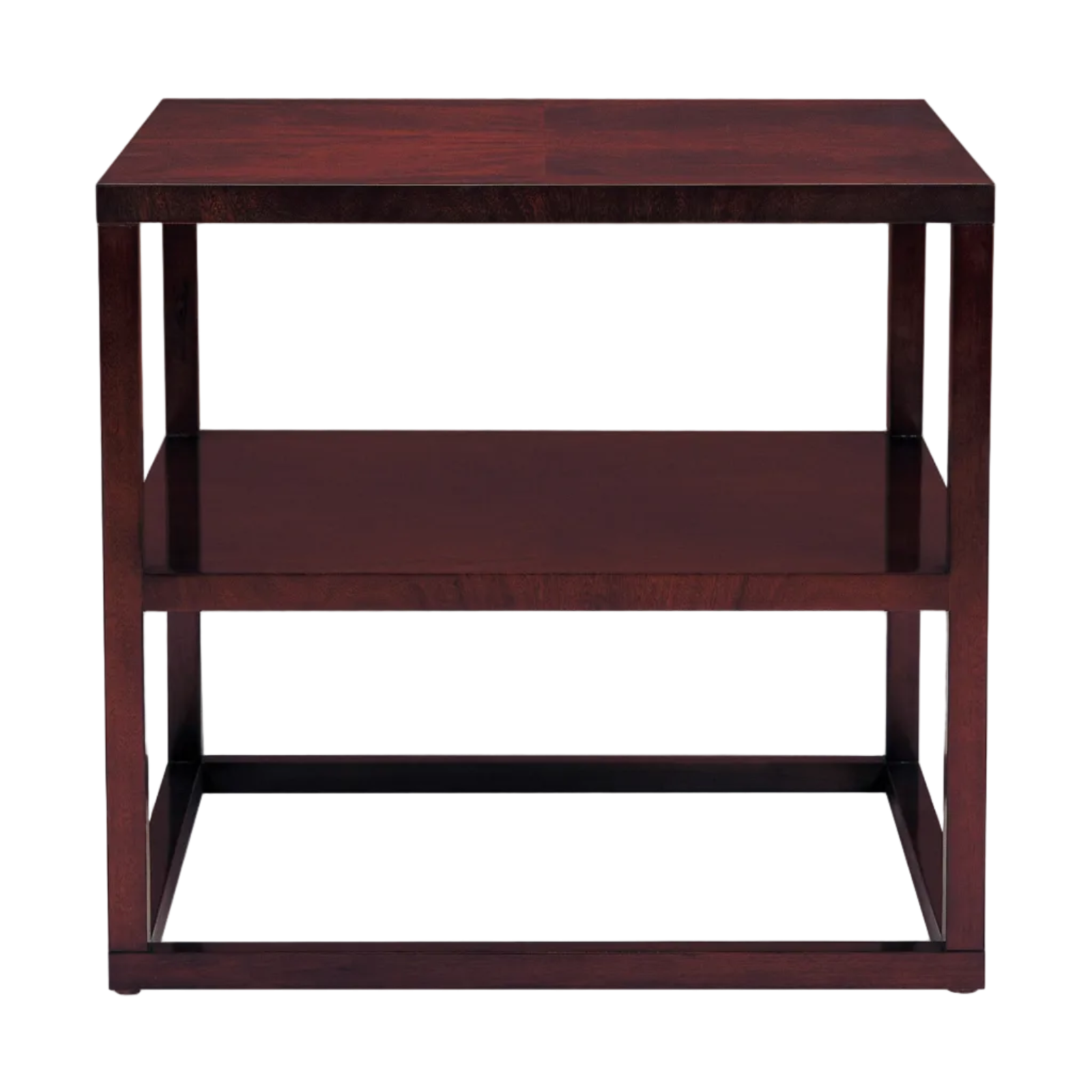 A two-tier wooden side table with a glossy dark reddish-brown finish, featuring a top surface and a middle shelf, isolated on a white background.