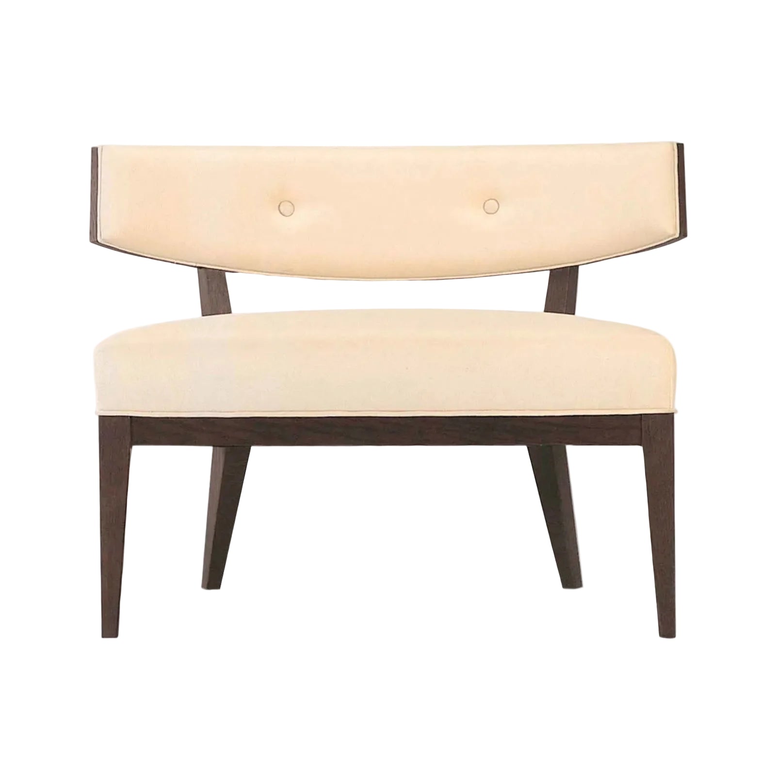 Beige armchair with dark wooden legs on a white background
