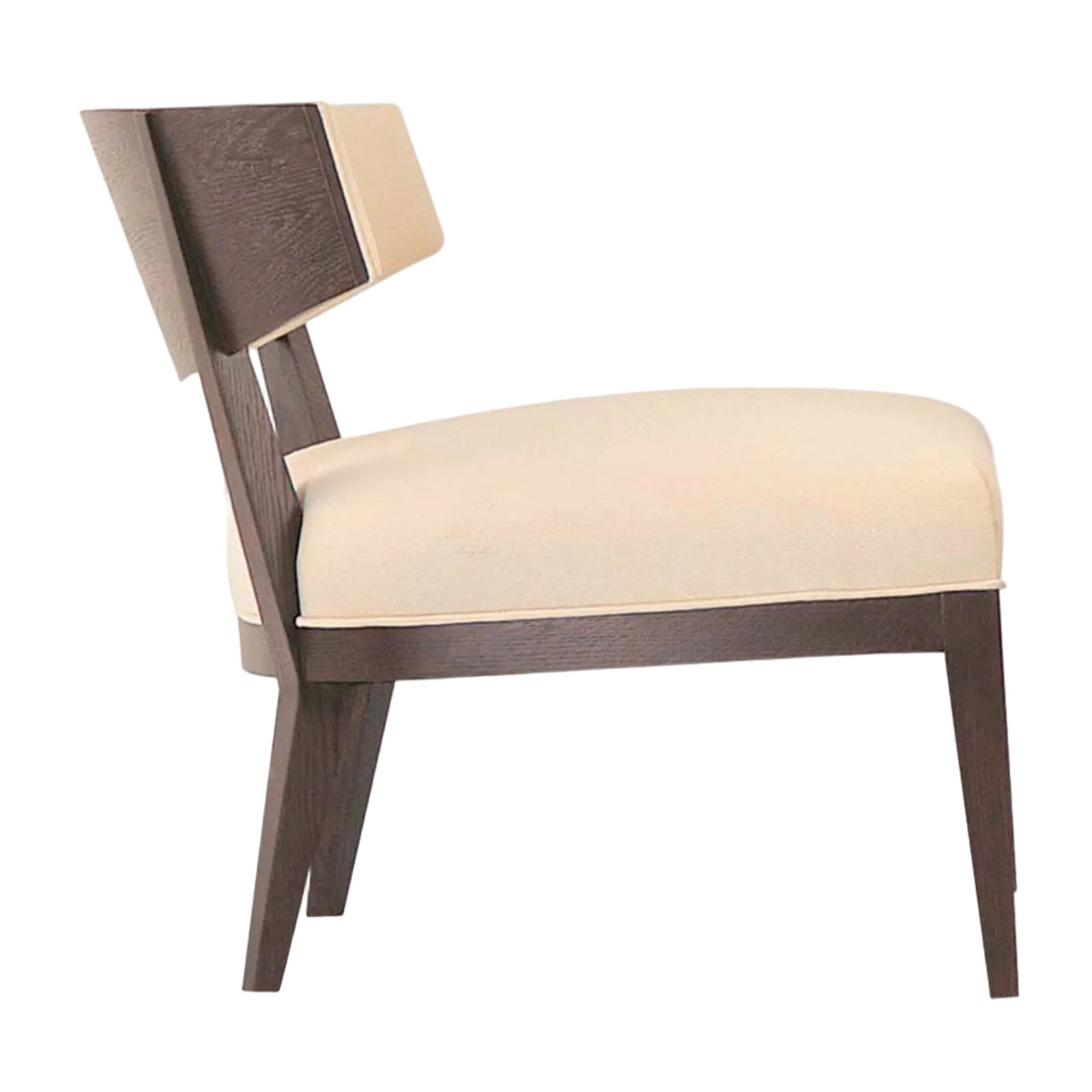 Chair with beige cushion and dark wood frame on a white background