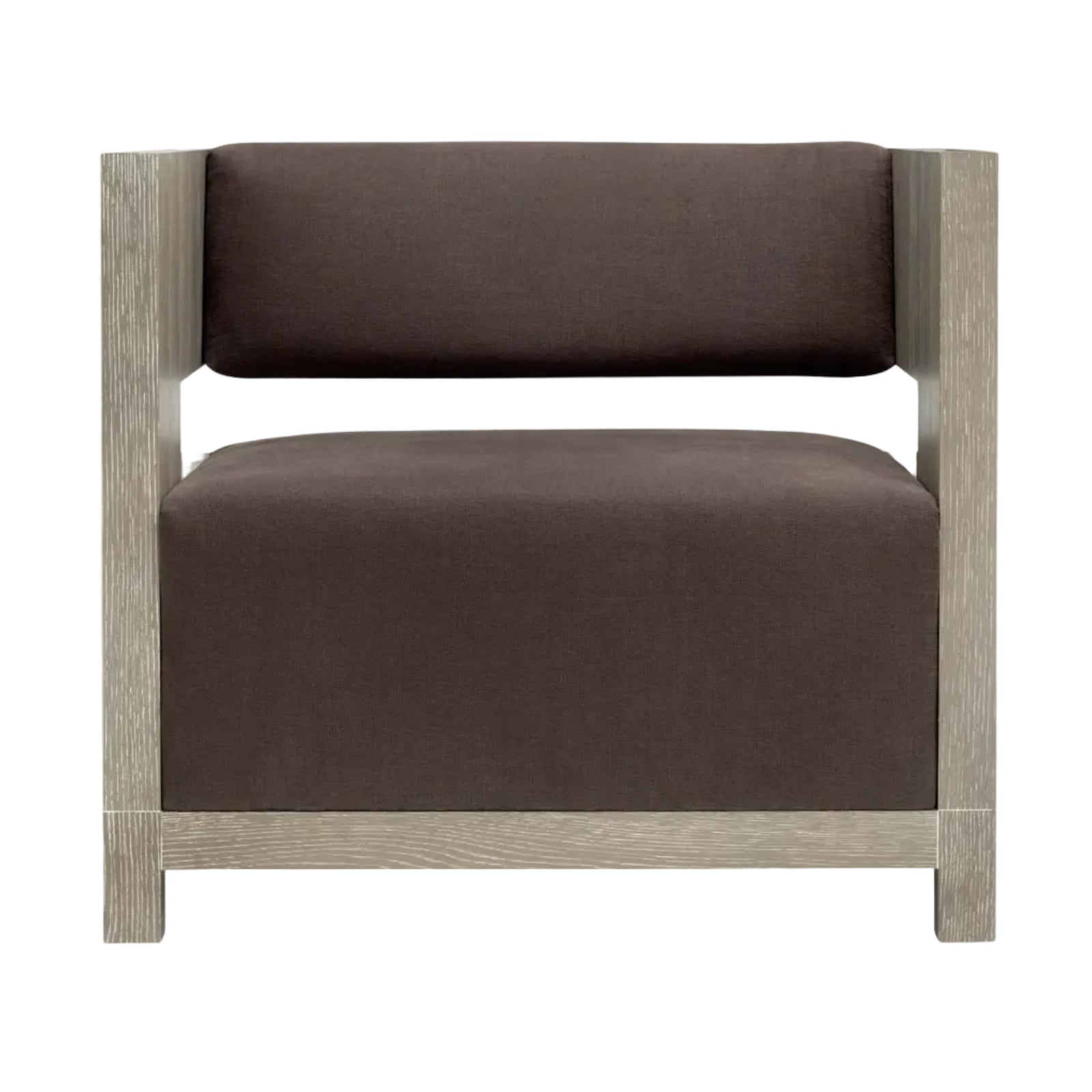 Brown upholstered chair with wooden frame on a white background