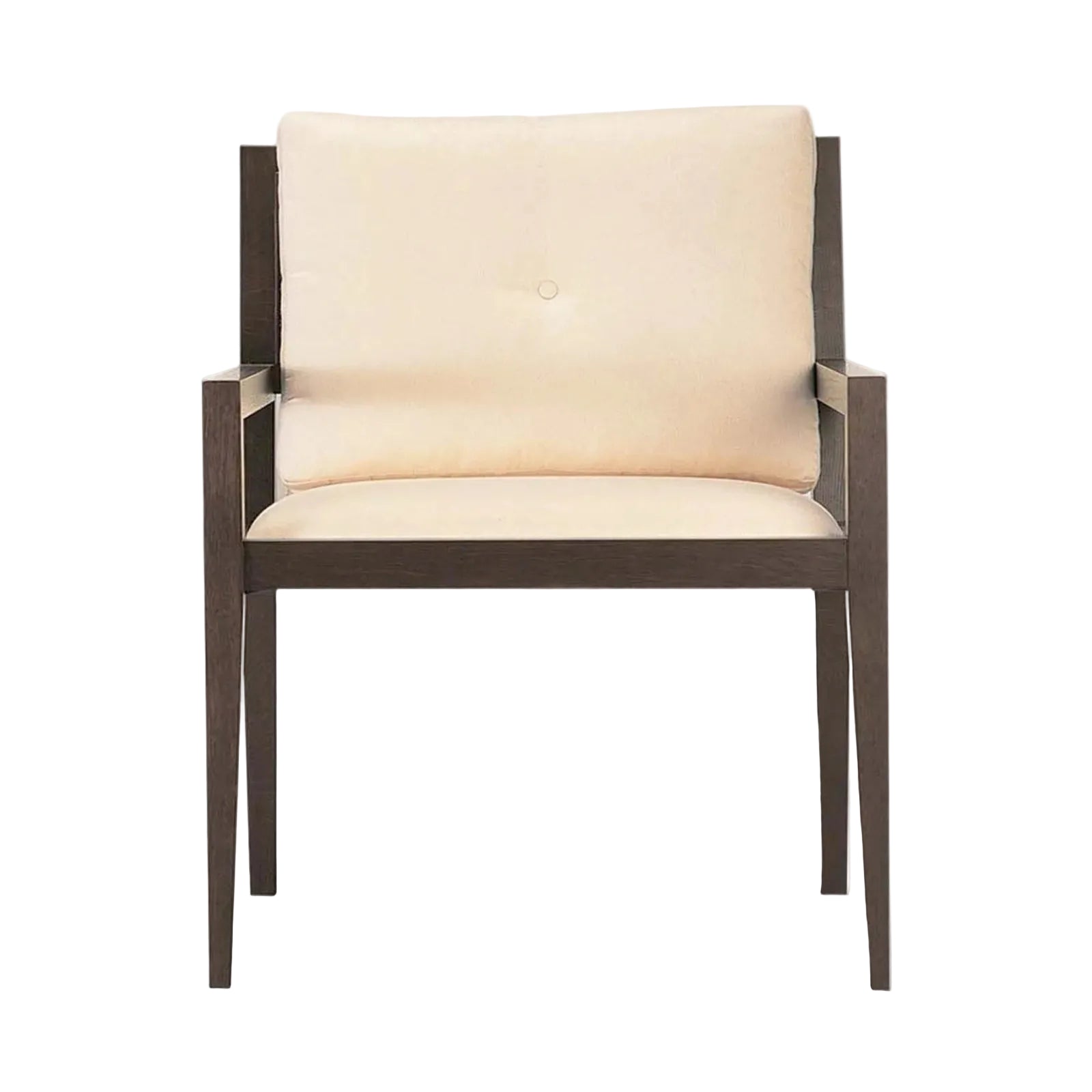 Chair with beige cushion and dark wooden frame on a white background