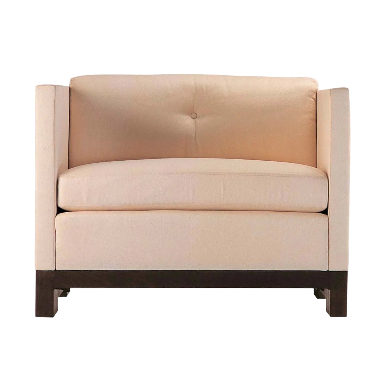 Beige armchair with dark wooden legs on a white background