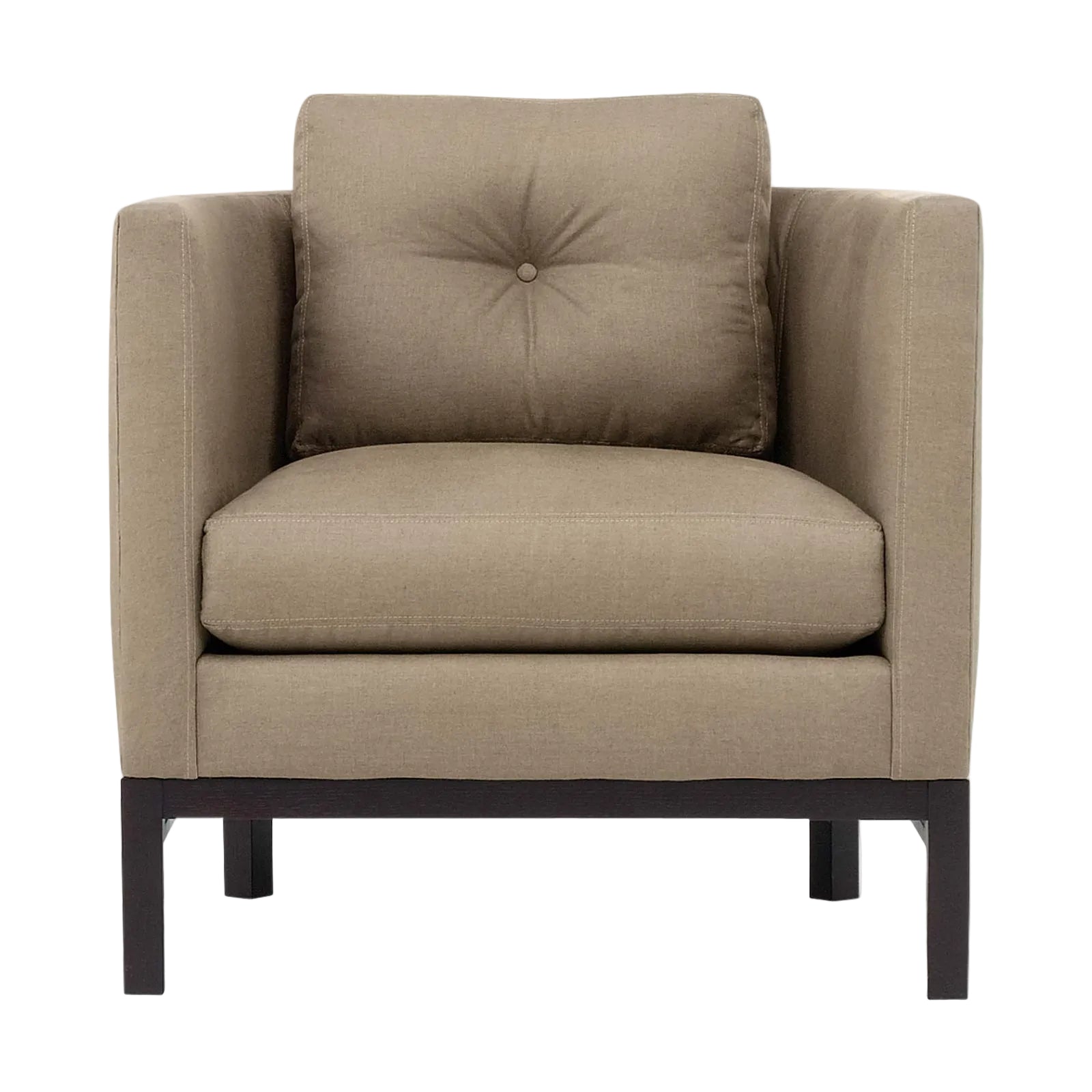 Beige armchair with tufted backrest on a white background