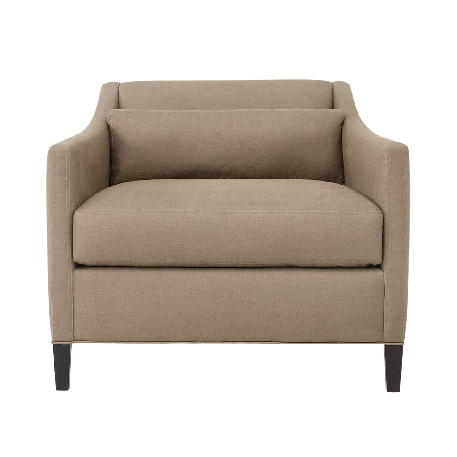 A modern armchair upholstered in a textured taupe-beige fabric, featuring a wide seat cushion, a matching back cushion, and dark wood legs, shown against a plain white background.