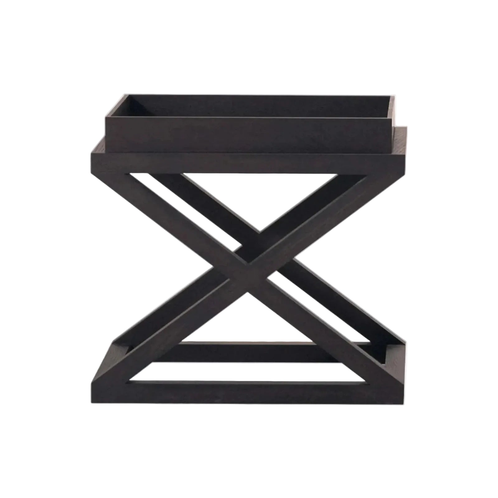 A modern black wooden side table featuring a rectangular tray on top and an open X-shaped geometric base, shown against a plain white background.